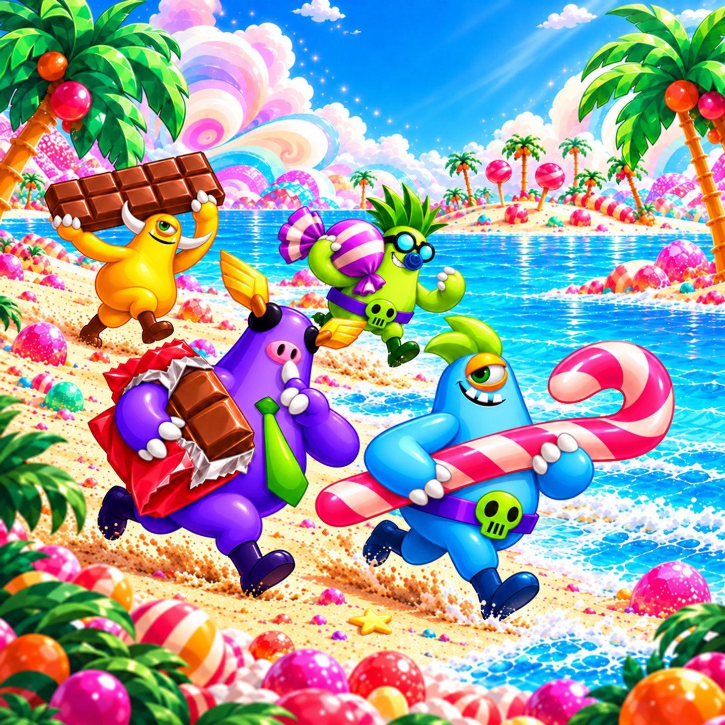 Candilicious characters carrying candy and chocolate across a tropical candy island