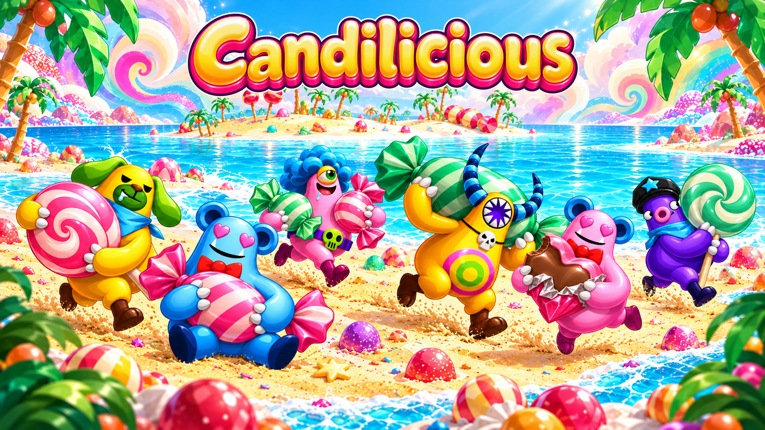 Candilicious title above colorful characters carrying sweets on a tropical candy island