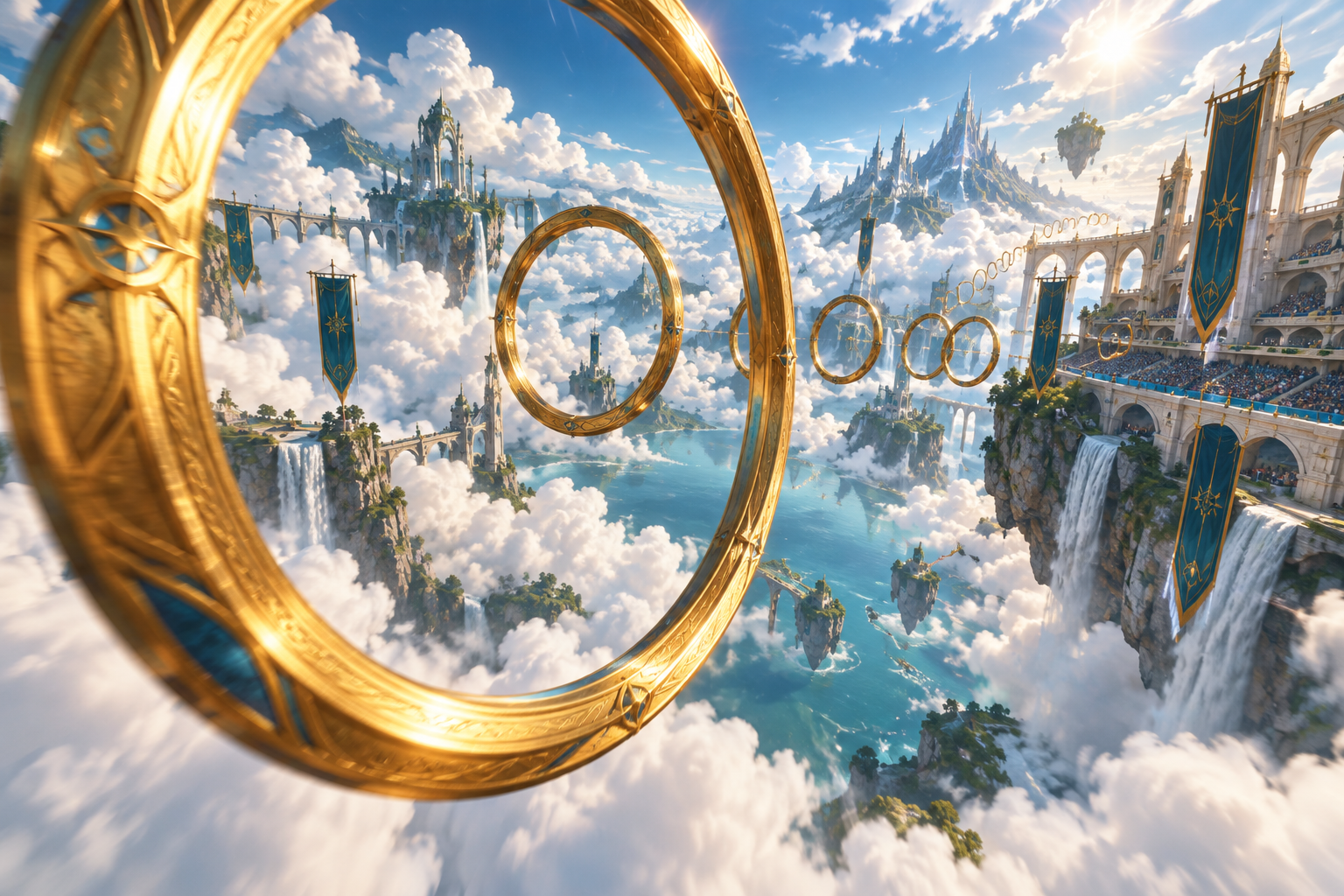 Placeholder concept art of golden aerial hoops above a cloud-filled arena